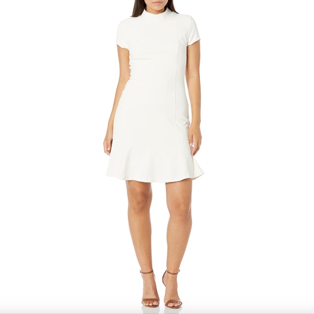 Lark & Ro Ivory Short Sleeve Mock Neck Ruffle Hem Sheath Dress
